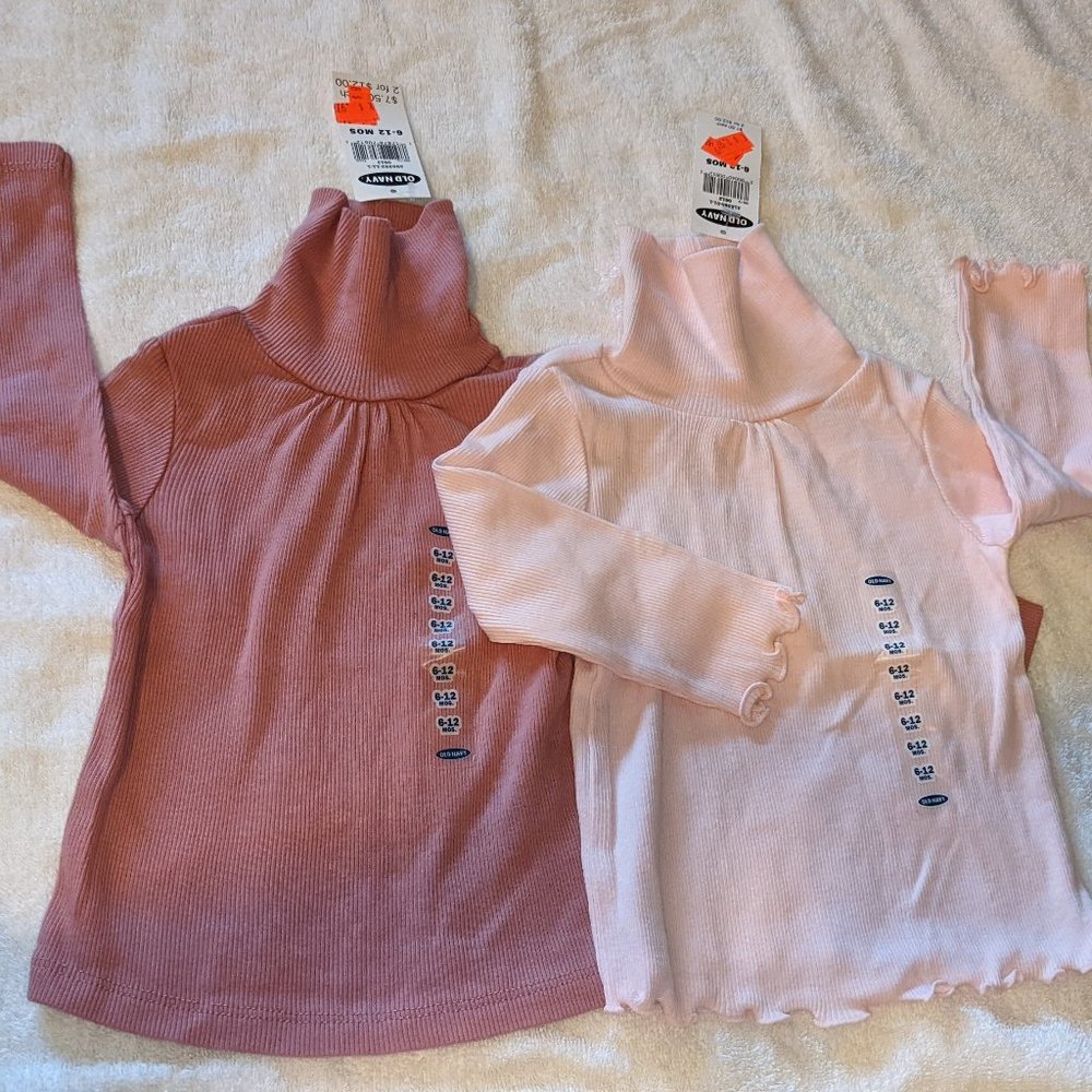 Old Navy Y2K Baby Girls Lightweight Turtleneck Tops - Pink & Dark Blush 6M-12M